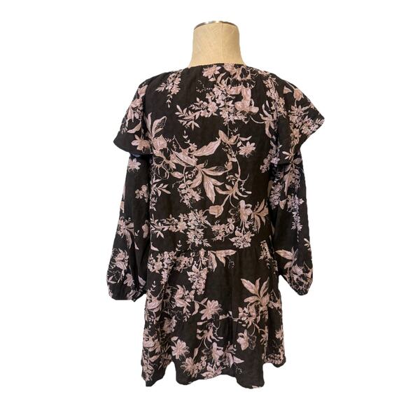 Free People Floral Mini Dress XS Black Pink Boho Peasant Tunic Long Sleeve - Picture 7 of 12